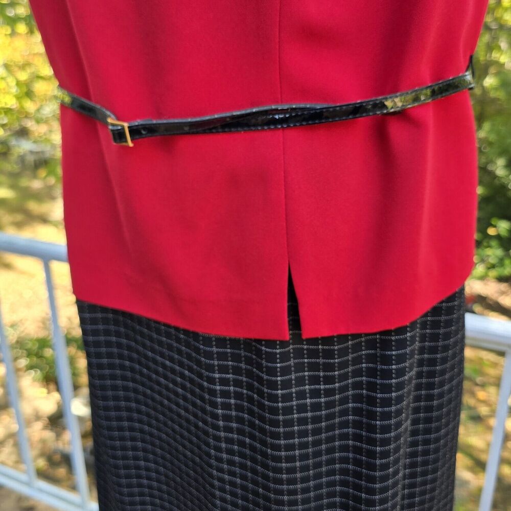 80s Wmns Perceptions Red Black Check Vtg Midi Dress Blazer Suit Set Outfit‎ 14W - Picture 8 of 10